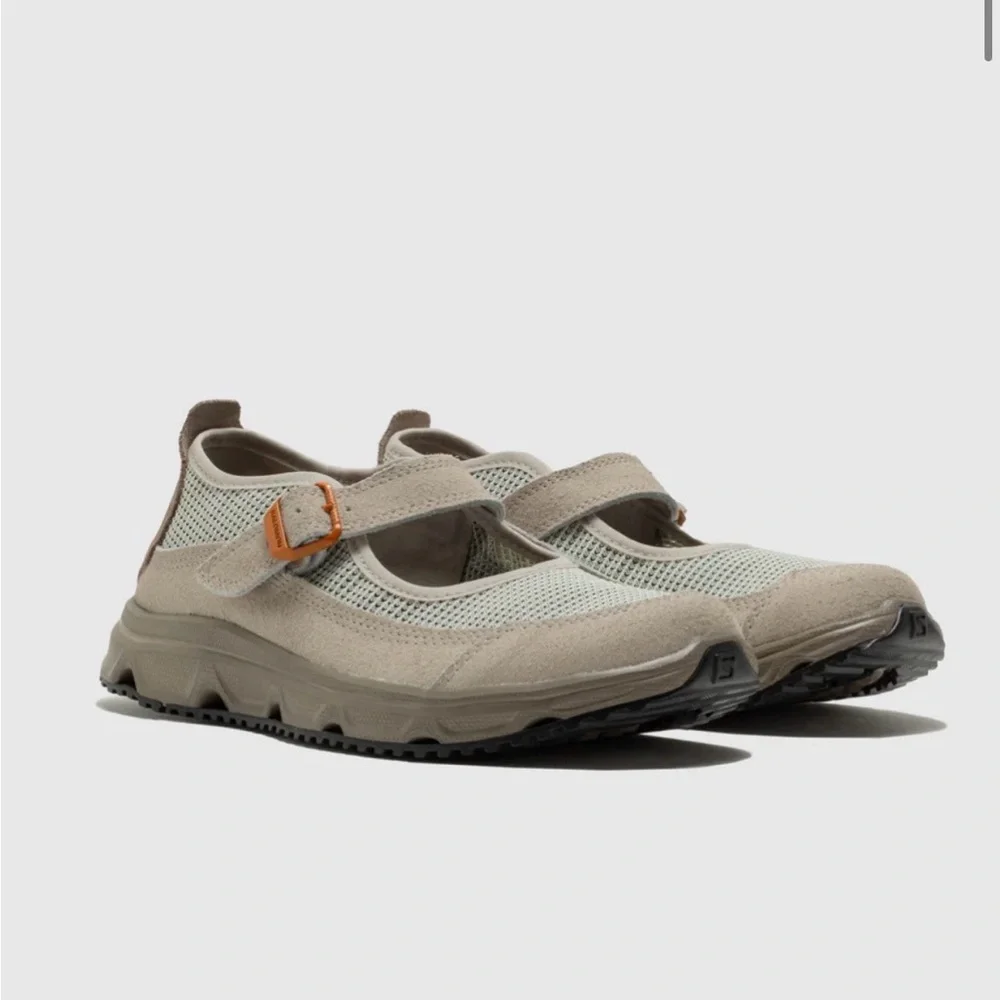 Salomon Men's Beige Suede & Mesh Trail Slip-On Sneakers with Orange Accent